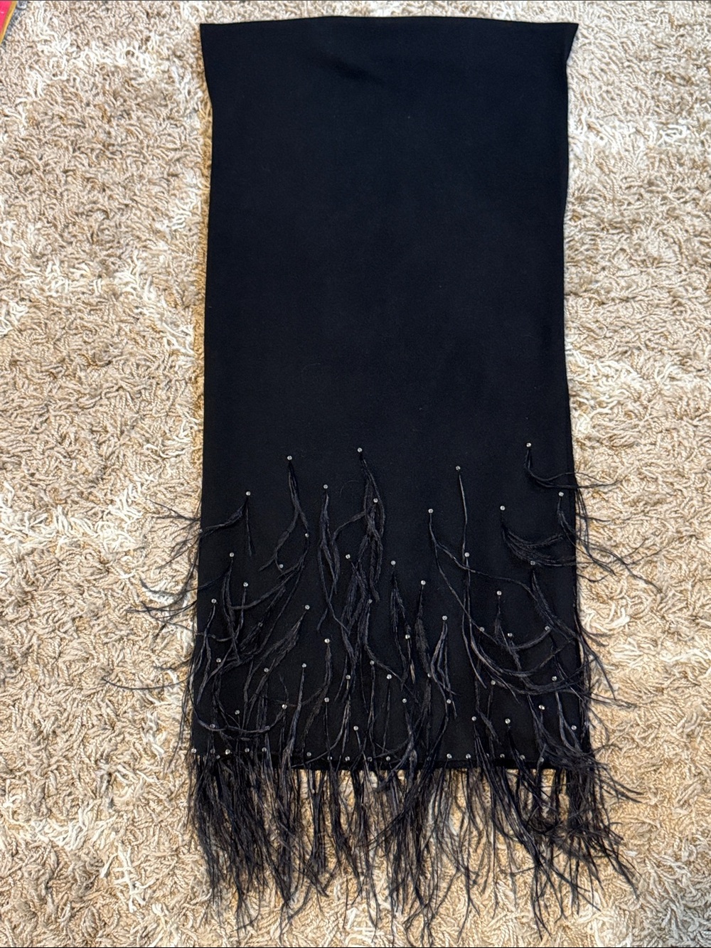 Black Rhinestone & Feather Fringe Scarf One Size - Picture 8 of 8